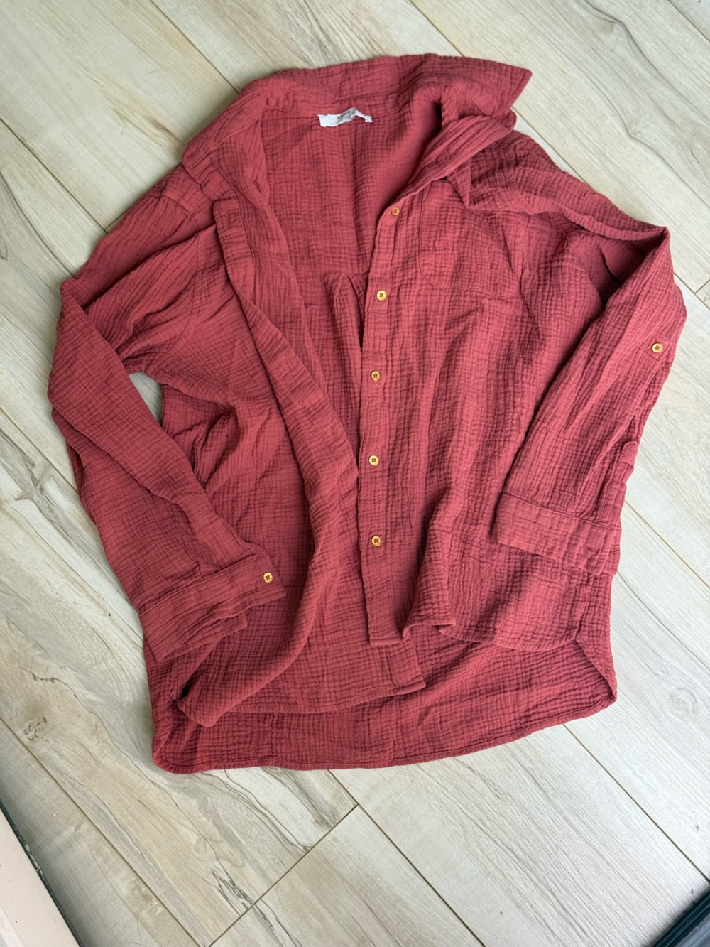 Button-Front Gauze Top in Terracotta